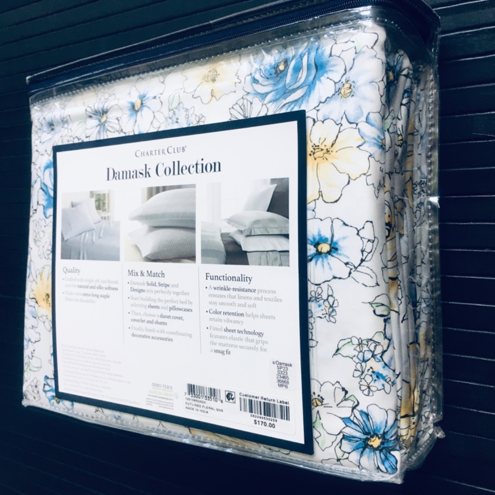 new Outlined Floral Cornflower Charter Club Solid 550 TC Cotton QUEEN Sheet Set - Picture 11 of 13